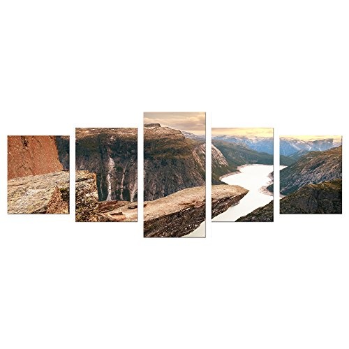 Wandbild - Trolltunga Norwegen - Bild auf Leinwand - 200x80 cm 5 teilig - Leinwandbilder - Landschaften - Sørfjord - Felsvorsprung - Trollzunge im Sonnenuntergang