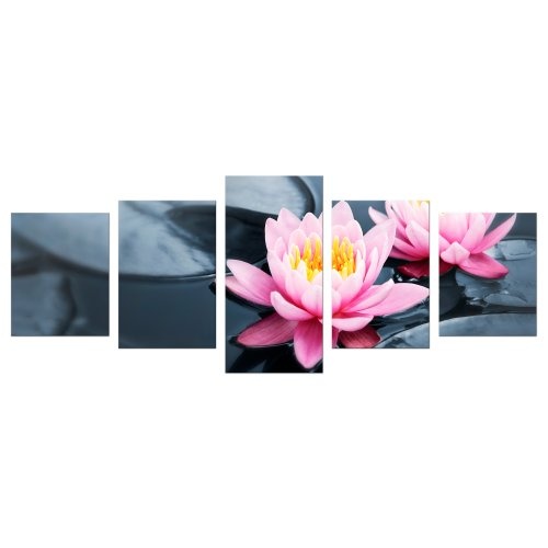 Wandbild - Lotusblüte - Bild auf Leinwand - 200x80 cm 5 teilig - Leinwandbilder - Geist & Seele - Pflanzen - Blume - Seerose - Idylle