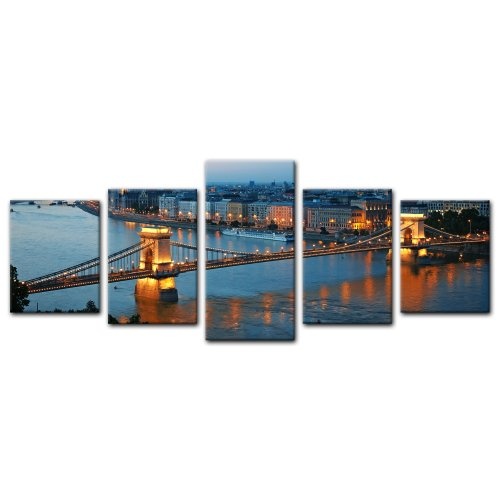 Wandbild - Budapest Skyline bei Nacht - Bild auf Leinwand - 200x80 cm 5 teilig - Leinwandbilder - Bilder als Leinwanddruck - Städte & Kulturen - Europa - Kettenbrücke und Donau