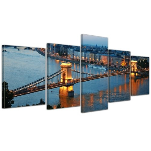 Wandbild - Budapest Skyline bei Nacht - Bild auf Leinwand - 200x80 cm 5 teilig - Leinwandbilder - Bilder als Leinwanddruck - Städte & Kulturen - Europa - Kettenbrücke und Donau