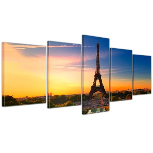Wandbild - Paris II - Bild auf Leinwand - 200x80 cm 5 teilig - Leinwandbilder - Bilder als Leinwanddruck - Städte & Kulturen - Europa - Frankreich - Eiffelturm am Abend