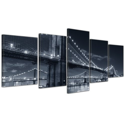 Wandbild - New York Bridge III - Bild auf Leinwand - 200x80 cm 5 teilig - Leinwandbilder - Bilder als Leinwanddruck - Städte & Kulturen - USA - Amerika - Brooklyn Bridge schwarz weiß