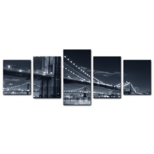 Wandbild - New York Bridge III - Bild auf Leinwand - 200x80 cm 5 teilig - Leinwandbilder - Bilder als Leinwanddruck - Städte & Kulturen - USA - Amerika - Brooklyn Bridge schwarz weiß