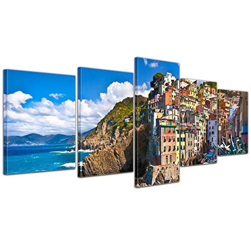 Wandbild - Riomaggiore - Cinque Terre I - Bild auf Leinwand - 200x80 cm 5 teilig - Leinwandbilder - Landschaften - Italien - Ligurien - Fischerdorf - Bunte Häuser