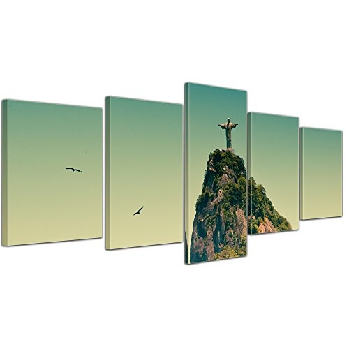 Wandbild - Corcovado Rio De Janeiro - Brasilien - Bild auf Leinwand - 200x80 cm 5 teilig - Leinwandbilder - Städte & Kulturen - Südamerika - Nationalpark Tijuca - Berg mit Christus
