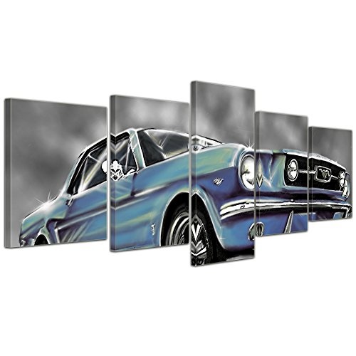 Wandbild - Mustang Graphic - blau - Bild auf Leinwand - 200x80 cm 5 teilig - Leinwandbilder - Motorisiert - Oldtimer - Klassiker - Amerika