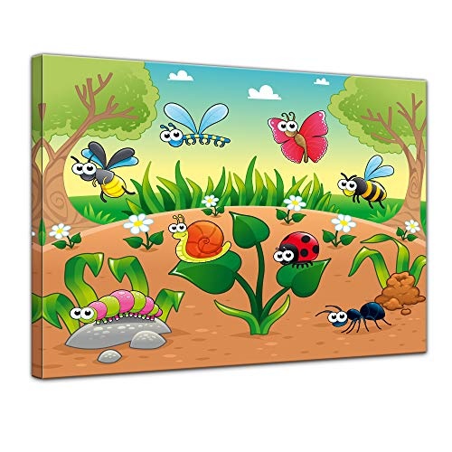 Keilrahmenbild Kinderbild Waldlichtung Cartoon - 120 x 90 cm Bilder als Leinwanddruck Fotoleinwand Kinder Natur kleine Insekten auf dem Waldboden