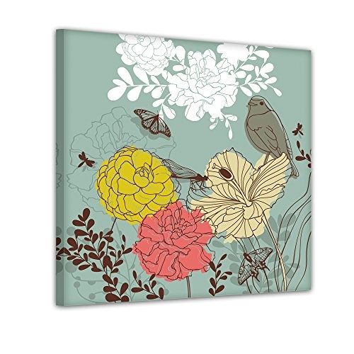 Bilderdepot24 Blumen Vogel Schmetterlinge - Ausmalbild auf Leinwand, aufgespannt auf Rahmen - Quadrat-Format - 40x40 cm