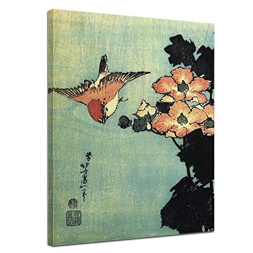 Wandbild Katsushika Hokusai Hibiskus und Spatz - 40x50cm hochkant - Alte Meister Berühmte Gemälde Leinwandbild Kunstdruck Bild auf Leinwand