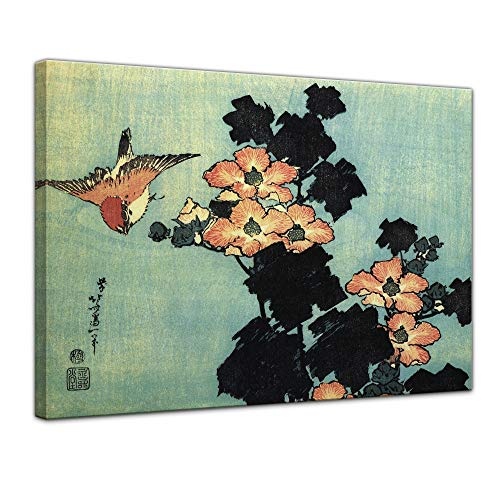 Leinwandbild Katsushika Hokusai Hibiskus und Spatz - 40x30cm quer - Wandbild Alte Meister Kunstdruck Bild auf Leinwand Berühmte Gemälde