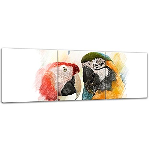 Wandbild - Wasserfarbenbild - Papageien - Bild auf Leinwand - 120x40 cm dreiteilig - Leinwandbilder - Tierwelten - Vogelpaar - farbenfrohe Aras - Bunte Vögel - rot, gelb und grün