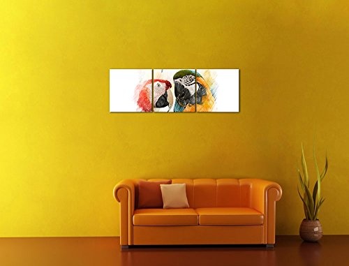 Wandbild - Wasserfarbenbild - Papageien - Bild auf Leinwand - 120x40 cm dreiteilig - Leinwandbilder - Tierwelten - Vogelpaar - farbenfrohe Aras - Bunte Vögel - rot, gelb und grün