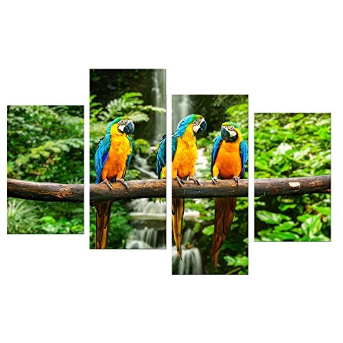 Wandbild - Blau-Gelber Papagei - Bild auf Leinwand - 120x80 cm 4 teilig - Leinwandbilder - Tierwelten - Südamerika - Ara - Gelbbrustara - tropisch