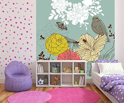 Bilderdepot24 Vlies Fototapete - Kinderbild - Blumen Vogel Schmetterlinge - 300x300 cm - Poster - Foto auf Tapete - Wandbild - Wandposter - Wand