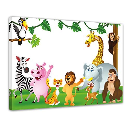 Wandbild - Kinderbild Tiere Cartoon III - Bild auf Leinwand - 80x60 cm einteilig - Leinwandbilder - Kinder - freundliche Dschungeltiere