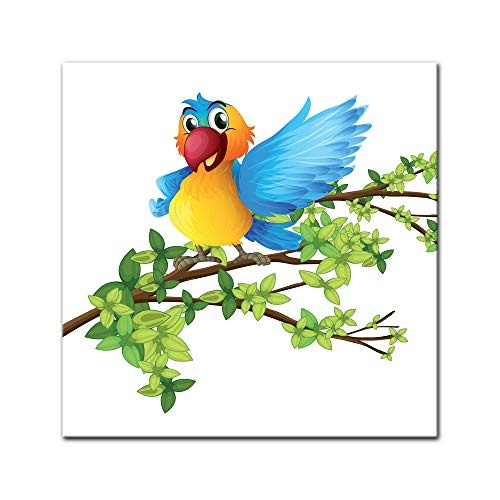 Wandbild Kinderbild Papagei - 40 x 40 cm Bilder als Leinwanddruck Fotoleinwand Kinder Cartoon - fröhlicher Papagei auf Einem AST
