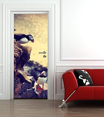 Bilderdepot24 Türtapete selbstklebend Papageientaucher Vintage 90 x 200 cm - einteilig Türaufkleber Türfolie Türposter - Tier Vogel Puffin Klippe Wasser Alkenvogel Tierbild