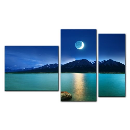 Wandbild - Mondlicht - Bild auf Leinwand - 130x80 cm 3 teilig - Leinwandbilder - Bilder als Leinwanddruck - Landschaften - Mond am Abend