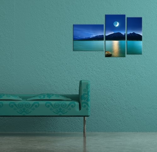 Wandbild - Mondlicht - Bild auf Leinwand - 130x80 cm 3 teilig - Leinwandbilder - Bilder als Leinwanddruck - Landschaften - Mond am Abend