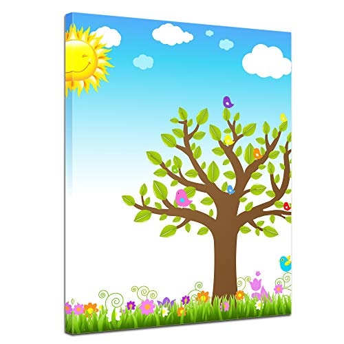 Keilrahmenbild Kinderbild Sommertag - 90 x 120 cm Bilder als Leinwanddruck Fotoleinwand Kinder Wiese - Sonne, Baum und Bunte Vögel