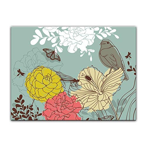 Keilrahmenbild Kinderbild Blumen Vogel und Schmetterlinge - 120 x 90 cm Bilder als Leinwanddruck Fotoleinwand Kinder Pastell - Vogel und Insekten
