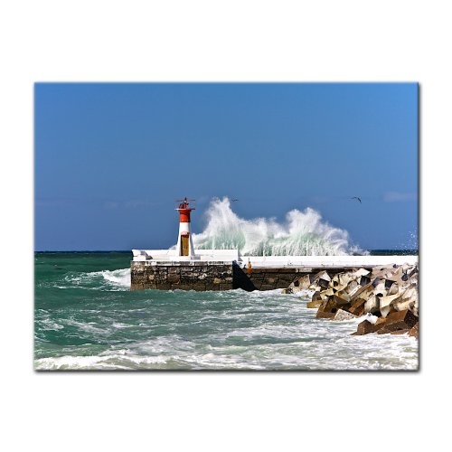 Wandbild - Leuchtturm in Kapstadt Südafrika - Bild auf Leinwand - 80x60 cm 1 teilig - Leinwandbilder - Landschaften - Kap der Guten Hoffnung - Meer - Brandung - Schiffe