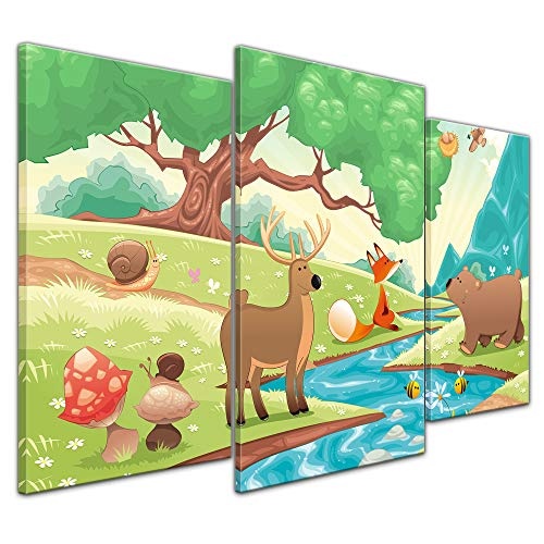 Wandbild Kinderbild Waldtiere II Cartoon - Fuchs, Elch und Bär - 100 x 60 cm Bilder als Leinwanddruck Fotoleinwand Kinder Natur Wiese - Tiere des Waldes