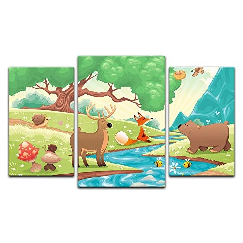 Wandbild Kinderbild Waldtiere II Cartoon - Fuchs, Elch und Bär - 100 x 60 cm Bilder als Leinwanddruck Fotoleinwand Kinder Natur Wiese - Tiere des Waldes