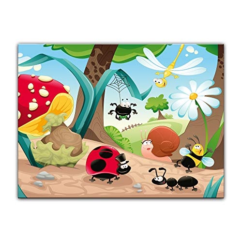 Keilrahmenbild Kinderbild Krabbeltiere - 120 x 90 cm Bilder als Leinwanddruck Fotoleinwand Kinder Landschaft - Leben im Wald - Insekten in der Natur