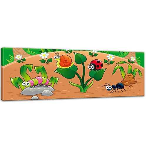Wandbild Kinderbild Waldlichtung Cartoon - 90 x 30 cm Bilder als Leinwanddruck Fotoleinwand Kinder Natur kleine Insekten auf dem Waldboden