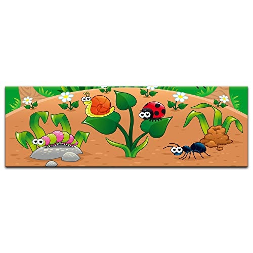 Wandbild Kinderbild Waldlichtung Cartoon - 90 x 30 cm Bilder als Leinwanddruck Fotoleinwand Kinder Natur kleine Insekten auf dem Waldboden