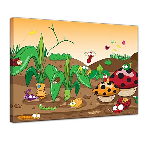 Keilrahmenbild Kinderbild Krabbeltiere II Cartoon - 120 x 90 cm Bilder als Leinwanddruck Fotoleinwand Kinder Landschaft - Insekten in der Natur