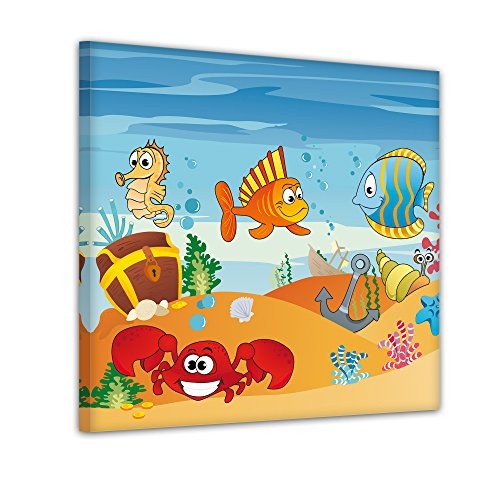 Bilderdepot24 Fische mit Schatztruhe - Ausmalbild auf Leinwand, aufgespannt auf Rahmen - Quadrat-Format - 30x30 cm