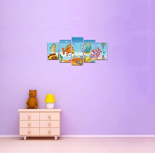 Wandbild - Kinderbild Unterwasser Tiere VII - Bild auf Leinwand - 100x50 cm fünfteilig - Leinwandbilder - Kinder - versunkenes Schiff mit Piratenschatz - Krabbe, Seepferdchen und Fische - fröhlich