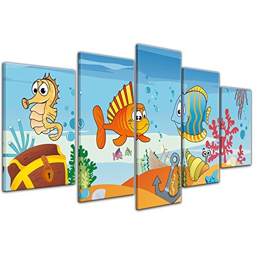 Wandbild - Kinderbild Unterwasser Tiere VII - Bild auf Leinwand - 100x50 cm fünfteilig - Leinwandbilder - Kinder - versunkenes Schiff mit Piratenschatz - Krabbe, Seepferdchen und Fische - fröhlich