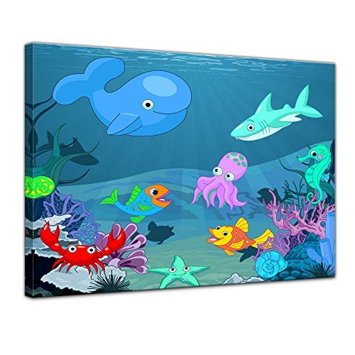 Wandbild Kinderbild Unterwasser Tiere X - 60 x 50 cm Bilder als Leinwanddruck Fotoleinwand Kinder Leben im Meer - Wal, Hai und Fische im Ozean