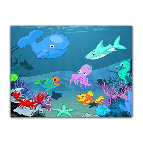 Wandbild Kinderbild Unterwasser Tiere X - 60 x 50 cm Bilder als Leinwanddruck Fotoleinwand Kinder Leben im Meer - Wal, Hai und Fische im Ozean
