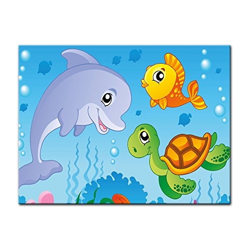 Wandbild - Kinderbild Unterwasser Tiere III - Bild auf Leinwand - 80x60 cm einteilig - Leinwandbilder - Kinder - Delfin, Schildkröte und Fisch