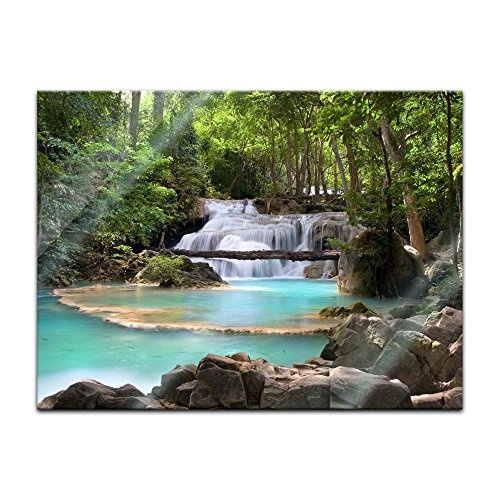 Glasbild - Wasserfall im Wald - 80x60 cm - Deko Glas -...