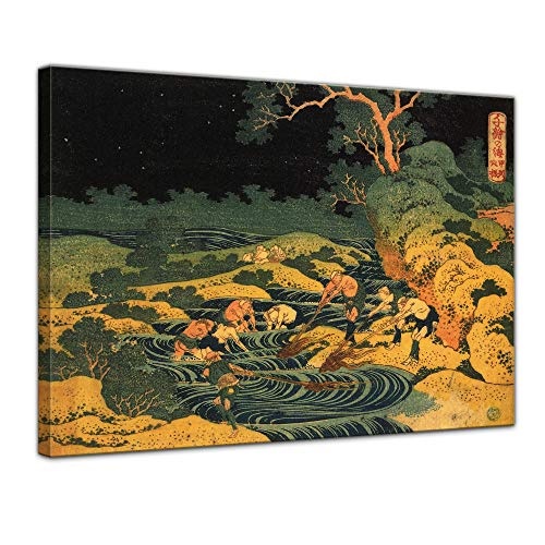 Leinwandbild Katsushika Hokusai Fischen im Fackelschein in der Kai Provinz - 120x90cm quer - Wandbild Alte Meister Kunstdruck Bild auf Leinwand Berühmte Gemälde