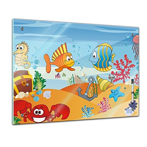 Memoboard 80 x 60 cm, Kindermotiv - Unterwasser Tiere VII - Memotafel Pinnwand - Mädchen & Jungen - Dekoration - Kinderzimmer - Cartoon - Kinderbild - Tierbild - Fische - Kindermotiv - Glasbild