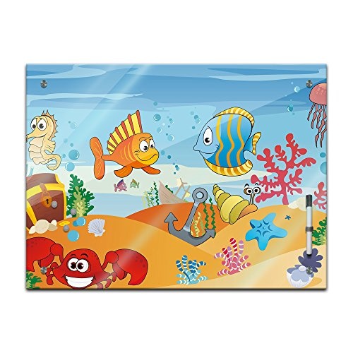 Memoboard 80 x 60 cm, Kindermotiv - Unterwasser Tiere VII - Memotafel Pinnwand - Mädchen & Jungen - Dekoration - Kinderzimmer - Cartoon - Kinderbild - Tierbild - Fische - Kindermotiv - Glasbild