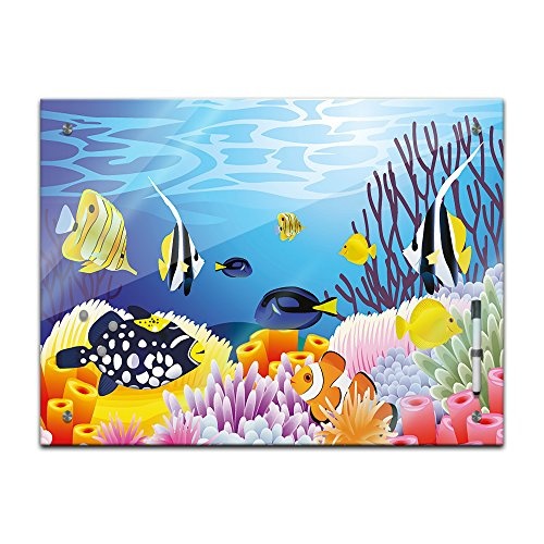 Memoboard 80 x 60 cm, Kindermotiv - Leben im Meer - Memotafel Pinnwand - Mädchen & Jungen - Dekoration - Kinderzimmer - Cartoon - Kinderbild - Kindermotiv - Tierbild - Fische - Glasbild