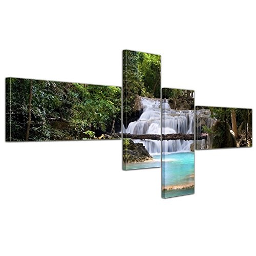 Wandbild - Wasserfall im Wald - Bild auf Leinwand - 140x65 cm 4 teilig - Leinwandbilder - Landschaften - Natur - Kaskade mit Wasserbecken - See