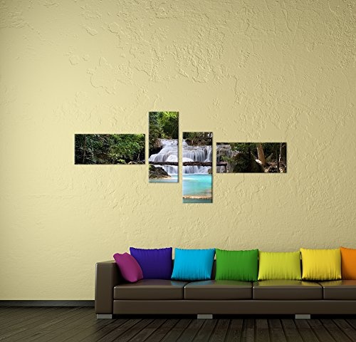 Wandbild - Wasserfall im Wald - Bild auf Leinwand - 140x65 cm 4 teilig - Leinwandbilder - Landschaften - Natur - Kaskade mit Wasserbecken - See