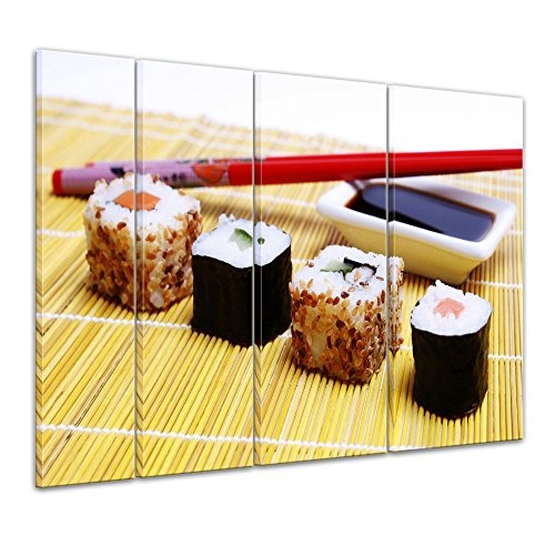 Keilrahmenbild - Sushi mit Stäbchen und Sojasoße - Bild auf Leinwand - 180 x 120 cm 4tlg - Leinwandbilder - Bilder als Leinwanddruck - Essen & Trinken - kulinarisch - japanische Spezialität