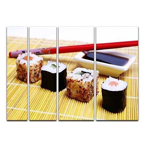 Keilrahmenbild - Sushi mit Stäbchen und Sojasoße - Bild auf Leinwand - 180 x 120 cm 4tlg - Leinwandbilder - Bilder als Leinwanddruck - Essen & Trinken - kulinarisch - japanische Spezialität