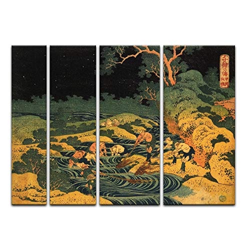 Keilrahmenbild Katsushika Hokusai Fischen im Fackelschein in der Kai Provinz - 180x120cm mehrteilig quer - Alte Meister Berühmte Gemälde Leinwandbild Kunstdruck Bild auf Leinwand