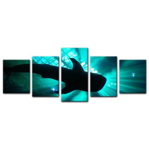 Wandbild - Hai II - Bild auf Leinwand - 200x80 cm 5 teilig - Leinwandbilder - Bilder als Leinwanddruck - Tierwelten - Wildtiere - Leben im Meer