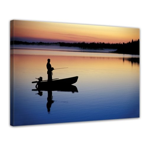 Keilrahmenbild - Angler in Norwegen - Bild auf Leinwand - 120x90 cm 1 teilig - Leinwandbilder - Bilder als Leinwanddruck - Landschaften - Europa - Silhouette eines Anglers